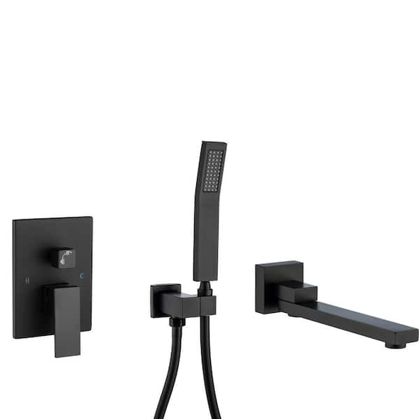 Tahanbath Single-Handle 2-Spray 1.8 GPM Waterfall Bathtub Swivel Tub Filler Faucet with Hand Shower in Matte Black