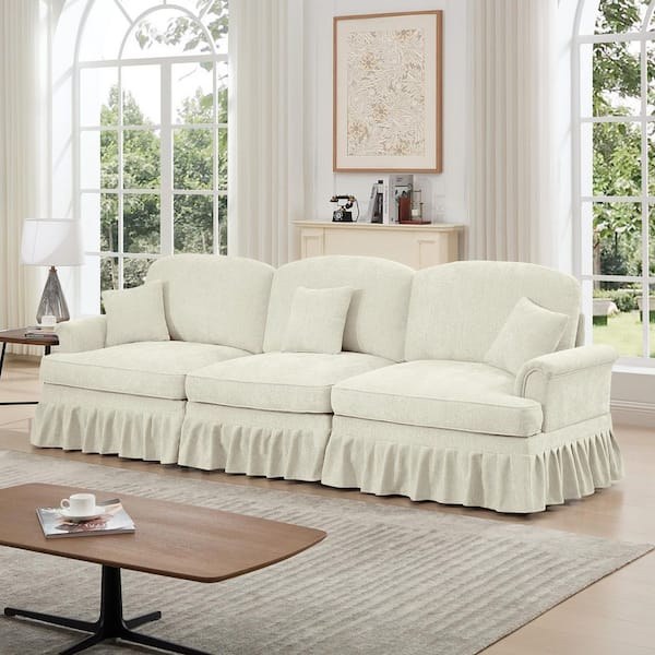 Udolf 107.1 in. Flared Arms Chenille Rectangle Sectional Sofa in Beige White, Removable Ruffles Pleats Skirts