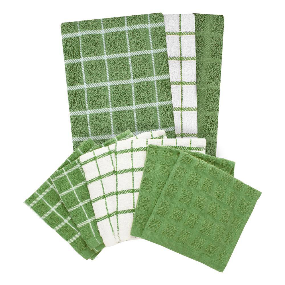 Green and White Cotton Terry Kitchen Towel and Dish Cloth Set, 9-Piece