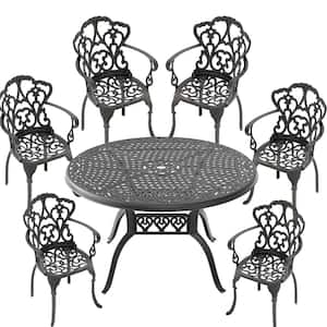 7-Piece Black Cast Aluminum Outdoor Dining Set, Patio Furniture with 48.03 in. Round Table and Random Color Cushions