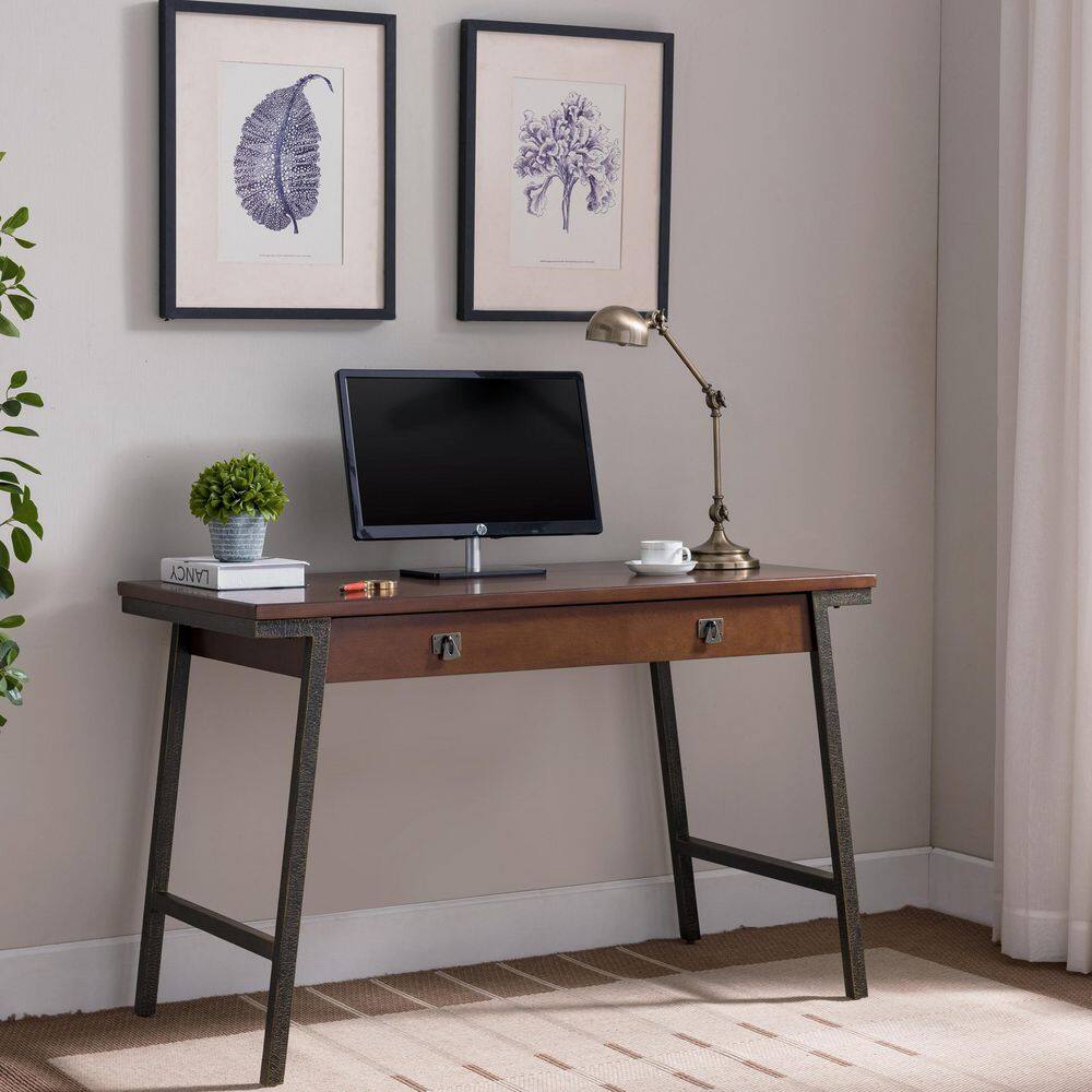 Empiria Medium Walnut Office Desk with Foundry Bronze Frame and Keyboard Tray