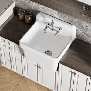 24 in. White Ceramic Farm Style High Back Wall Mounted Farmhouse Sink for Laundry Room, Garage, Kitchen, Bathroom