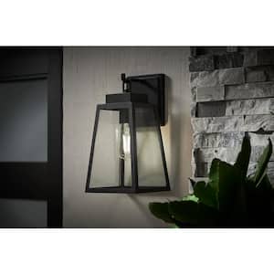 Corbin Medium 13 in. Modern 1-Light Black Hardwired Outdoor Tapered Wall Lantern Sconce with Clear Glass