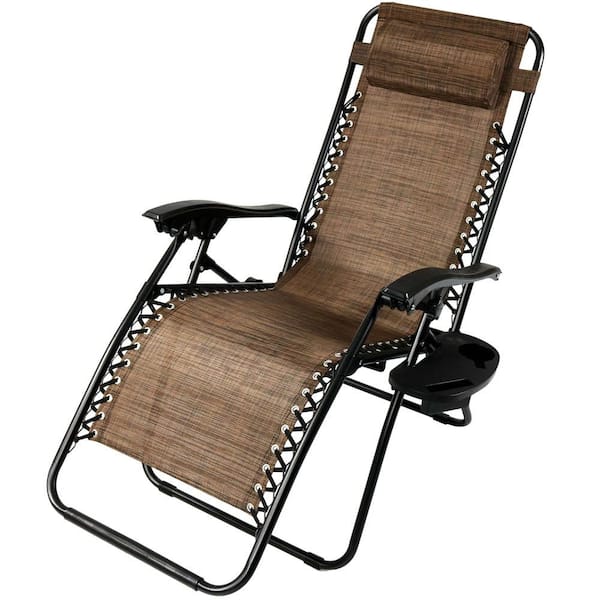 Sunnydaze Zero Gravity Dark Brown Sling Lawn Chair with Pillow and Cup Holder