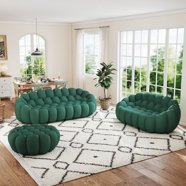 Magic Home (Set of 3) Bubble Couch, Armless 98 in. Green Mesh Fabric Curved Sectional Sofa Set 3-Seater Couch with Loveseat Ottoman