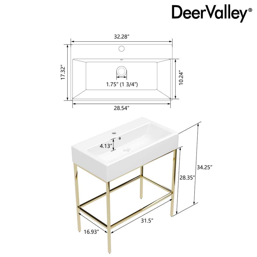White Ceramic Console Sink with Gold Stainless Steel Frame
