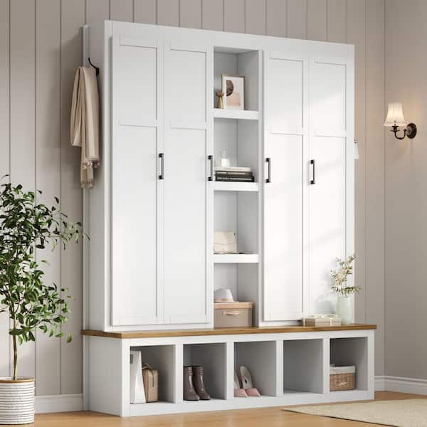 White 62.9 in. Farmhouse 4-in-1 Hall Tree with 6 Hanging Hooks, Mudroom Wood Grain Bench