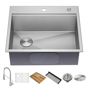 Loften 25 in. Drop-In/Undermount Single Bowl 18 Gauge Stainless Steel Kitchen Workstation Sink w/ Faucet and Accessories