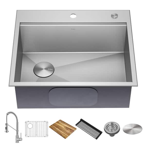 KRAUS Loften 25 in. Drop-In/Undermount Single Bowl 18 Gauge Stainless Steel Kitchen Workstation Sink w/ Faucet and Accessories