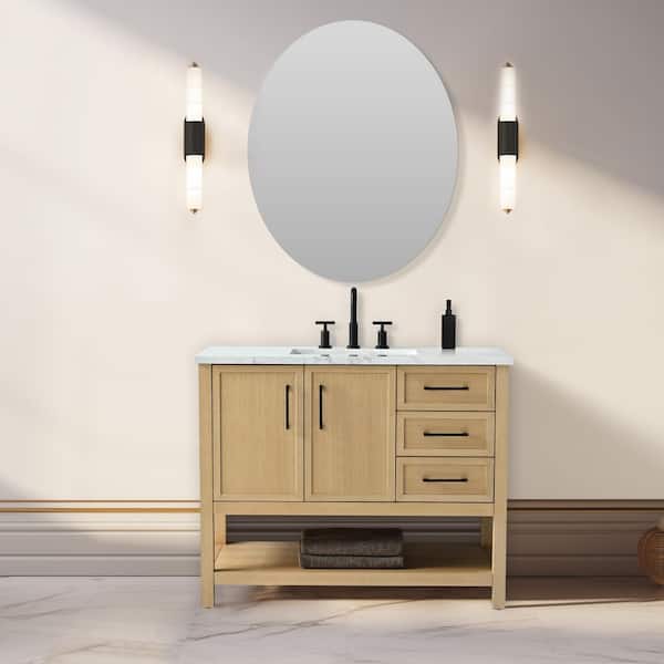 SUDIO Oliver 42 in. W Bath Vanity in Light Oak with Engineered Stone Top in Arabescato with White Sink