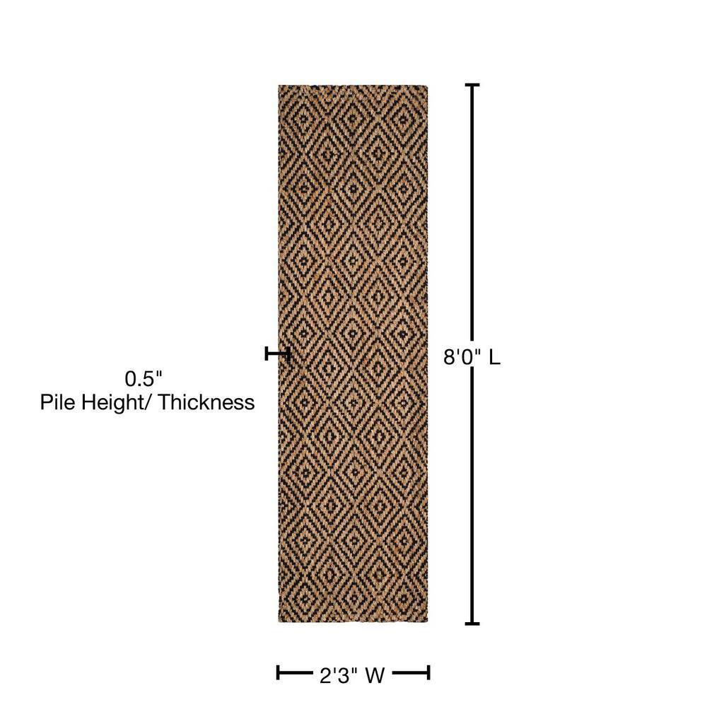 Handmade Black and Natural Jute Geometric Runner Rug