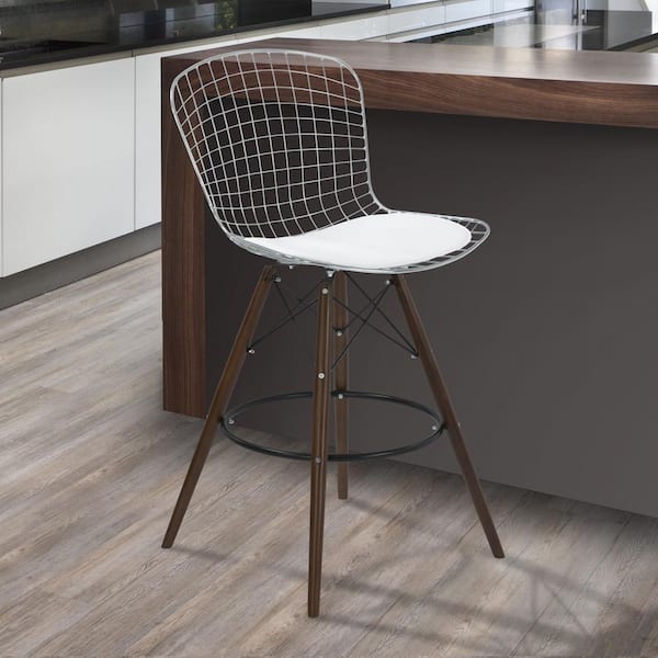 Armen Living Taylor 28 in. White Faux Leather and Chrome Finish Wire Bar Stool