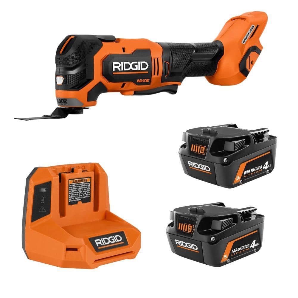 RIDGID 18V MAX Output Starter Kit w/ (2) 4.0 Ah Batteries & Charger w/ 18V NUKE SubCompact Brushless Cordless Multi-Tool (R8609340MT01)