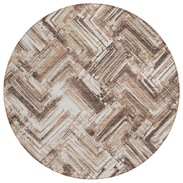 Brown, Taupe, Tan 8 ft. Round Woven Geometric Polyester Round Indoor/Outdoor Area Rug