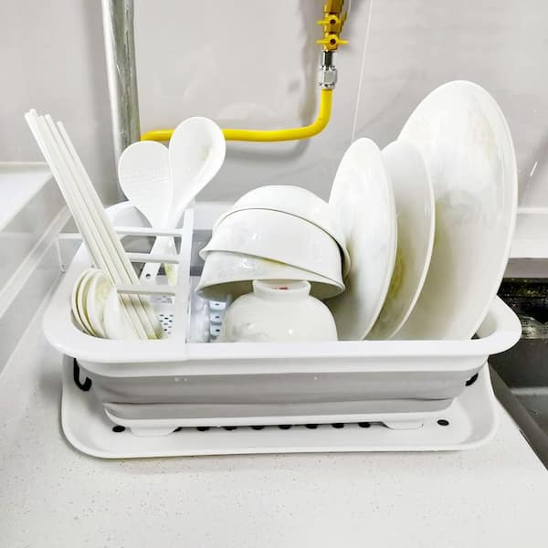 Collapsible Dish Rack with Drainboard for Drying Dishes, Collapsible Portable Dinnerware Organizer for Kitchen