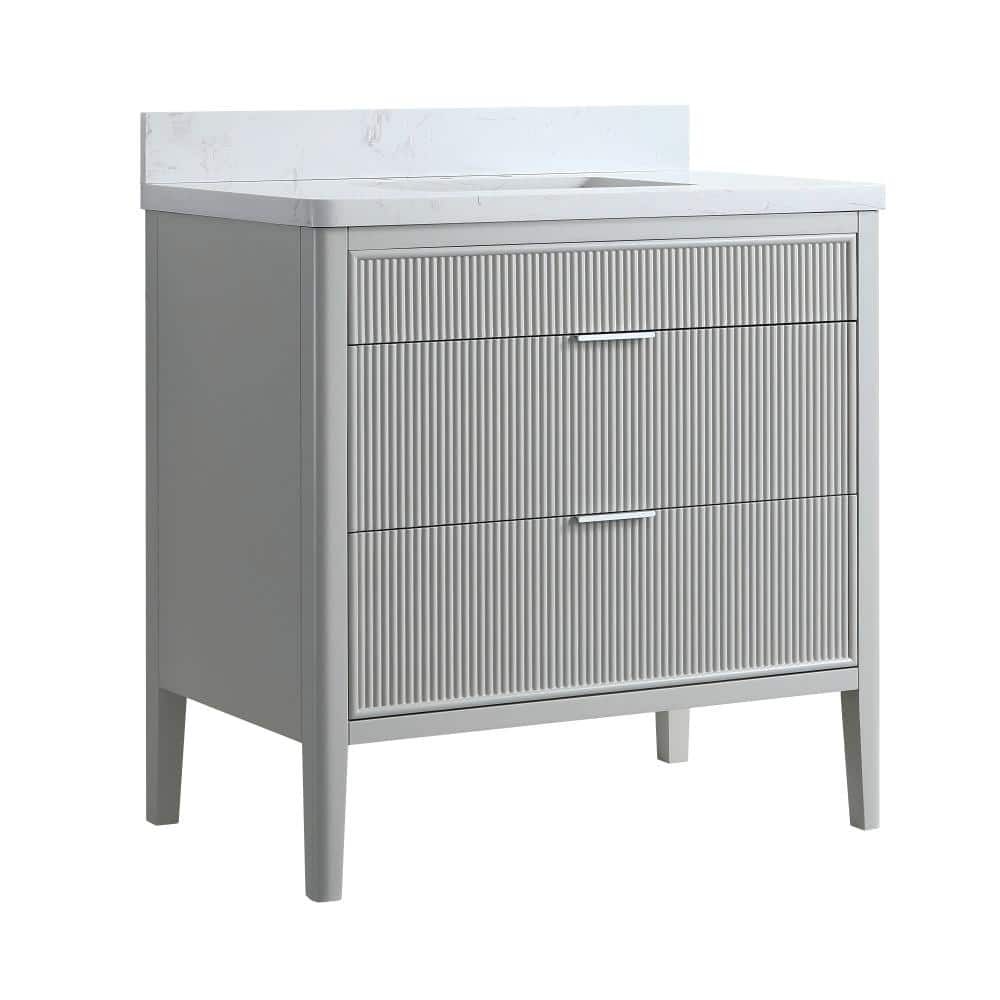 36 in. W x 22 in. D x 35 in. H Freestanding Single Sink Solid Wood Bath Vanity in Light Gray with Engineered Marble Top price history on PriceWatchPro
