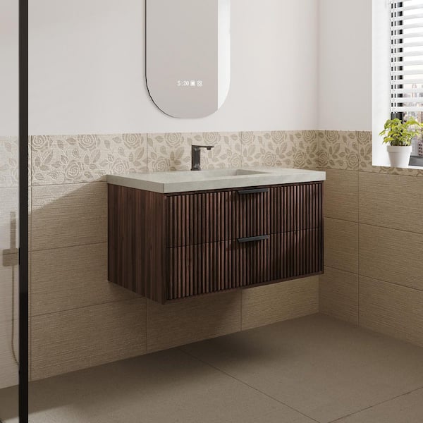 VLeaf 36 in. W x 18.5 in. D x 22 in. H Single Sink Wall Hung Bath Vanity Cabinet in Dark Walnut with Gray Cement Top