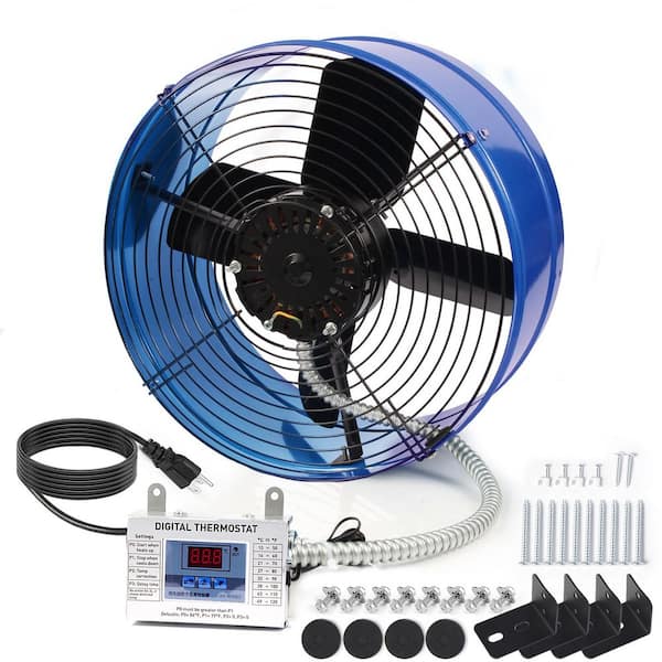 15 in. 1300 CFM Drum Fan in Blue, Thermostat-Controlled, for Attic, Greenhouse, Garage, with Mounting Kit