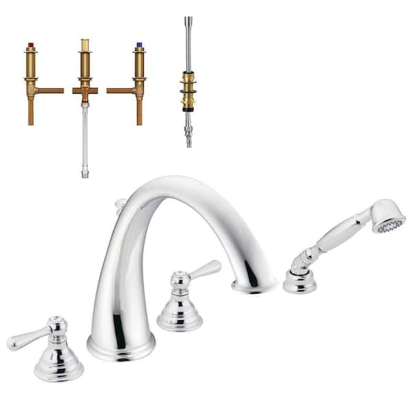 MOEN Kingsley 2-Handle Deck-Mount High-Arc Roman Tub Faucet Trim Kit with Handshower and Valve in Chrome