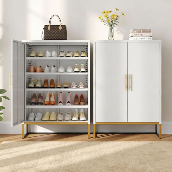 40 in. H x 31.5 in. W White 2-Door Metal Shoe Storage Cabinet, 7-Tier Adjustable Shelves Narrow Shoe Storage Organizer