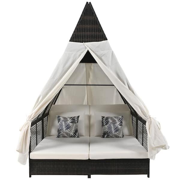 Polibi Wicker Outdoor Day Bed with Adjustable Backrest, Outdoor Double Sun Lounger with Curtains, 2-Pillows, Cream Cushions