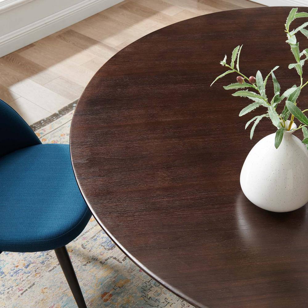 60" Round Cherry Walnut Wood Dining Table with Black Pedestal Base
