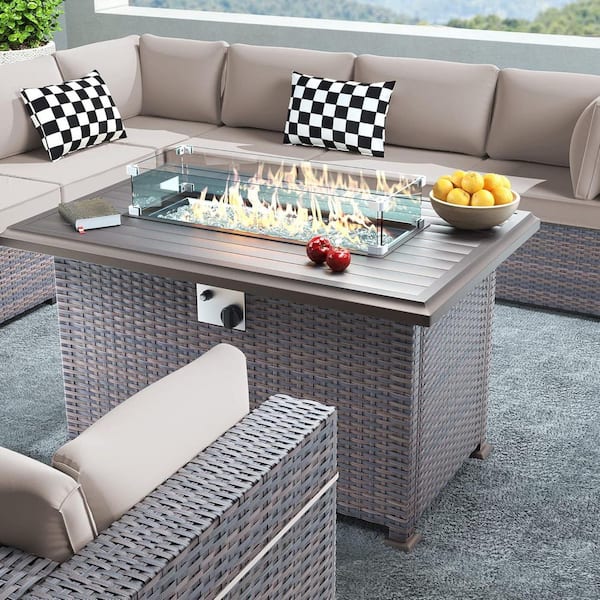 15-Piece Wicker Patio Fire Pit Set with Glass Coffee Tables 55,000 BTU Fire Pit Table, Glass Wind Guard and Cushion Sand