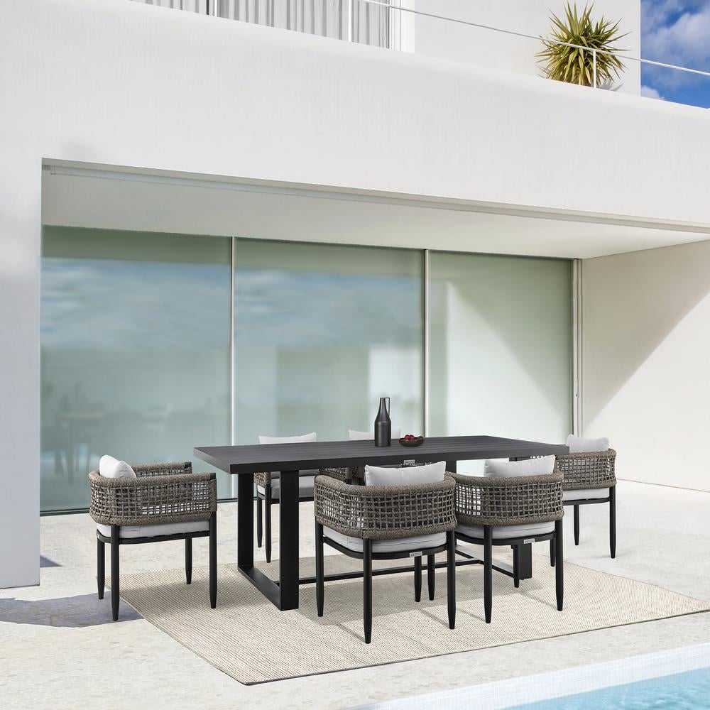 Felicia 7-Piece Black Aluminum Outdoor Dining Set with Grey Rope and Cushions