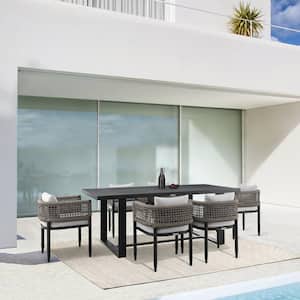 Felicia Black 7-Piece Aluminum Outdoor Dining Set with Light Grey Cushions