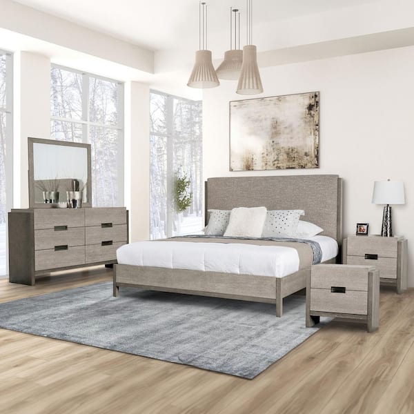 Burnett 5-Piece Stone Gray Wood Queen Bedroom Set with Dresser/Mirror and 2-Nightstands
