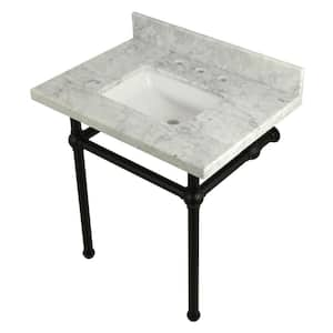 Square-Sink Washstand 30 in. Console Table in Carrara with Metal Legs in Matte Black