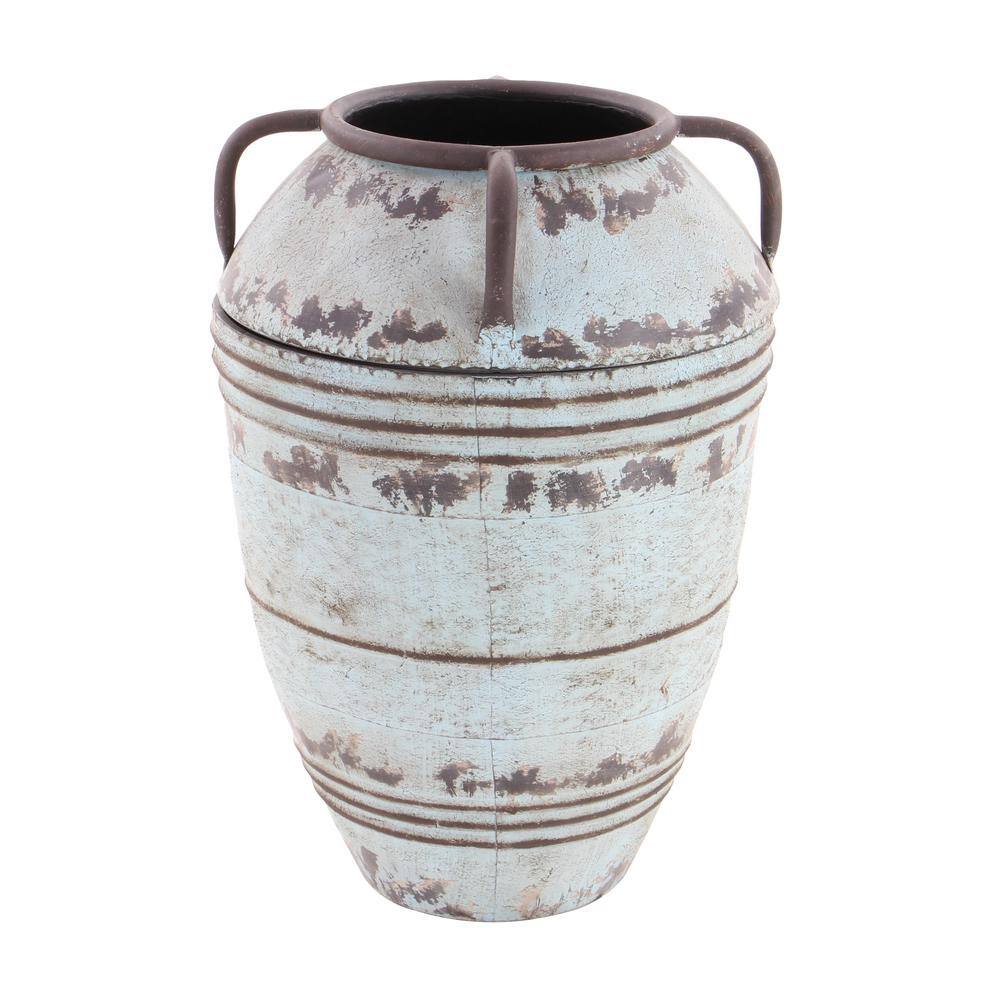 Distressed Blue Metal Amphora Vases with Handles, Set of 3