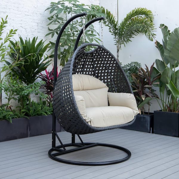 Leisuremod Mendoza 53 in. 2 Person Charcoal Wicker Patio Swing Chair with Stand and Taupe Cushions
