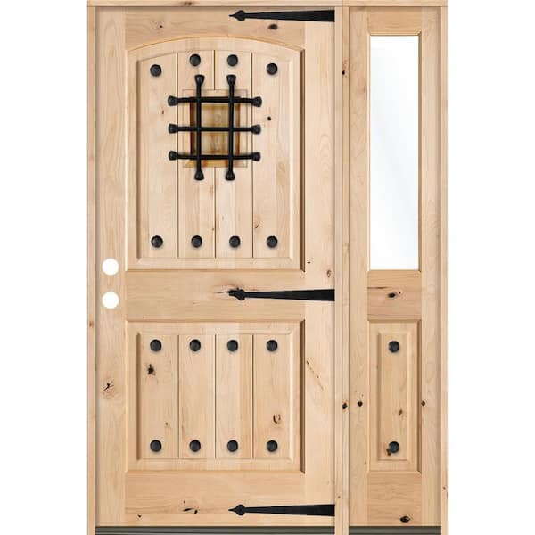 Krosswood Doors 46 in. x 80 in. Mediterranean Unfinished Knotty Alder Arch Right-Hand Right Half Sidelite Clear Glass Prehung Front Door