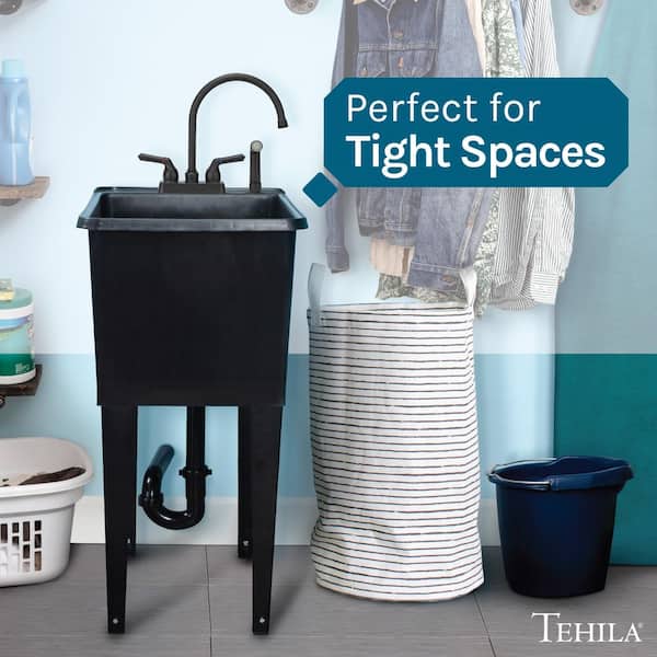 TEHILA 17.75 in. x 23.25 in. Thermoplastic Freestanding Utility Sink with Black Faucet and Sprayer