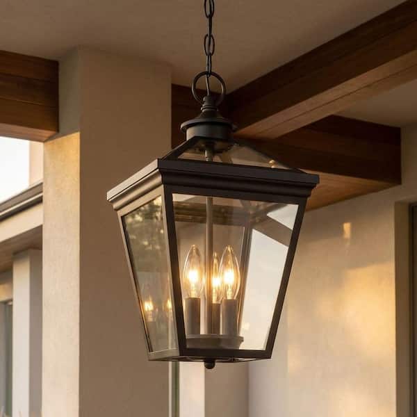 Ellijay 9 in. W x 15.75 in. H 3-Light Black Outdoor Hanging Lantern with Clear Glass Panes
