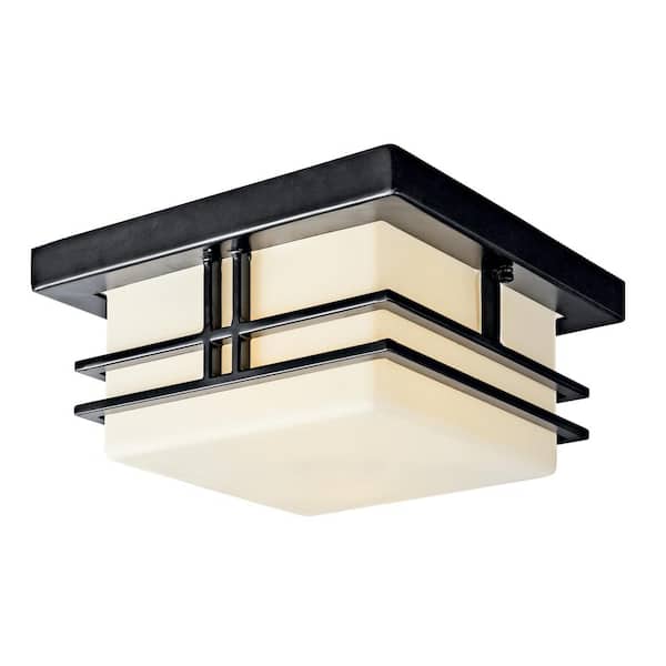 KICHLER Tremillo 2-Light Black Outdoor Porch Ceiling Flush Mount Light with Satin Etched Cased Opal Glass (1-Pack)