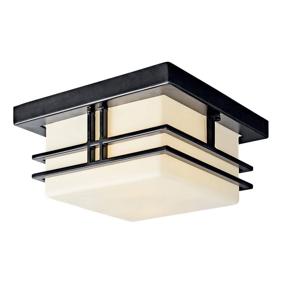 Black and Opal Glass 2-Light Outdoor Flush Mount Ceiling Fixture