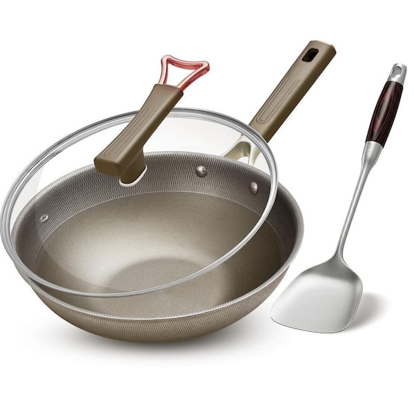 Large 13 in. Coffee Stainless Steel Non-Stick Induction Wok with Lid, Extended Cool-Touch Handle, Dishwasher Safe