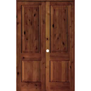 56 in. x 96 in. Rustic Knotty Alder 2-Panel Square Top Right-Handed Red Chestnut Stain Wood Prehung Interior Double Door