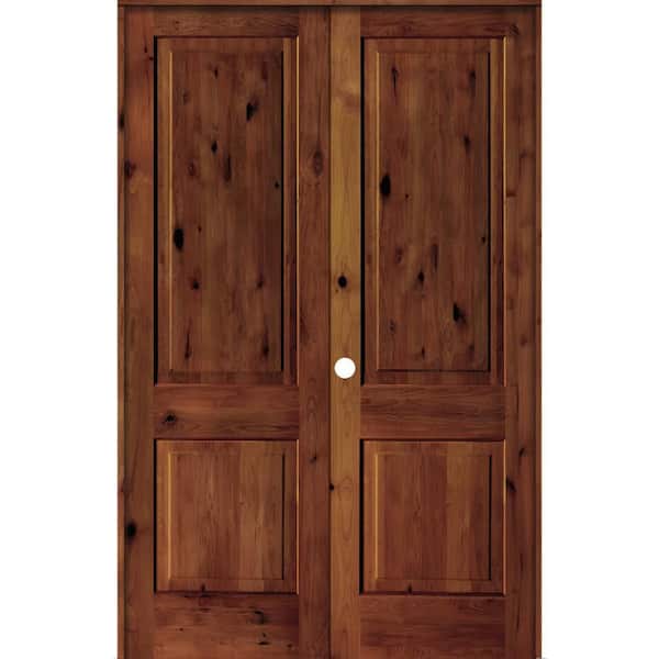Krosswood Doors 60 in. x 96 in. Rustic Knotty Alder 2-Panel Square Top Right-Handed Red Chestnut Stain Wood Prehung Interior Double Door