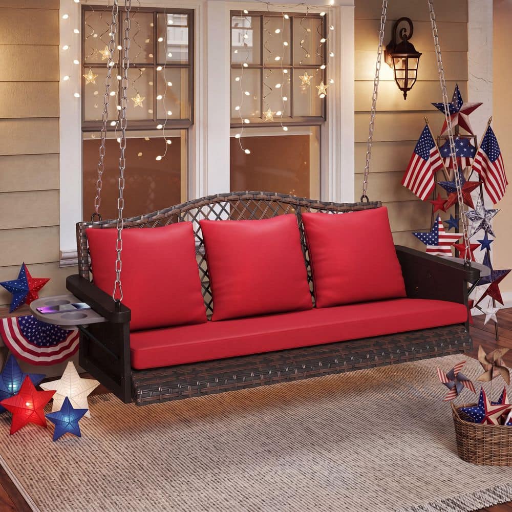 3-Person Brown Wicker Porch Swing with Red Cushions, Woven-Rattan Back