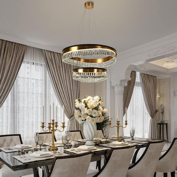 Delphinium 2-Light Dimmable Integrated LED Matte Black and Plating Brass Crystal Tiered Round Chandelier for Living Room