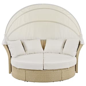 Wicker Outdoor Patio Day Bed Round Sofa with Retractable Canopy, 4-Pillows and Beige Cushions for Garden Backyard Porch