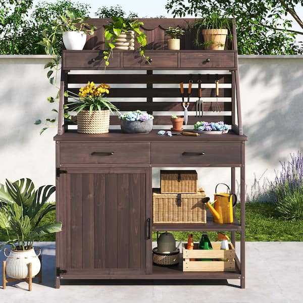 44.5 in. W x 64.57 in. H Brown Fir Wood Potting Bench Storage Cabinet with 5-Drawers and 1-Door for Outdoor Garden