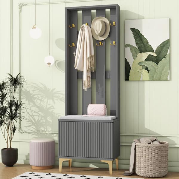 Nestfair Gray Freestanding Hall Tree Coat Rack with Cushion, Fluted Doors, 8 Gold Hooks and Adjustable Shelves