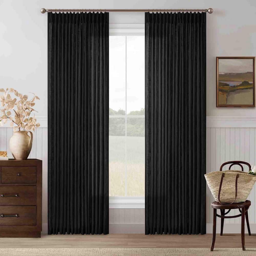 Black Pinch Pleat Linen Blend 50 in. W x 102 in. L Back Tab Light