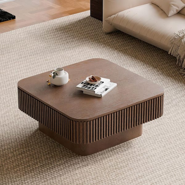 Ondine 31.5 in. Walnut Square MDF and Solid Wood Veneer Coffee Table with Storage, Wood Slat Design Accent Tea Table
