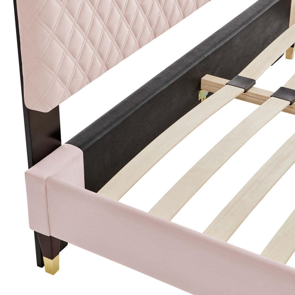 Harlow Glam Deco Pink Velvet King Platform Bed with Gold Accents