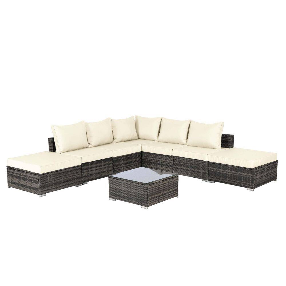 8-Pieces Wicker Outdoor Sectional Set, Sofa Couch with Beige Cushions, Glas